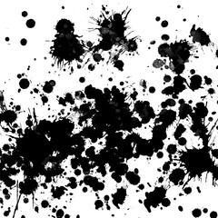  Isolated artistic black watercolor and ink splatter textures and decorative elements on white wall background.