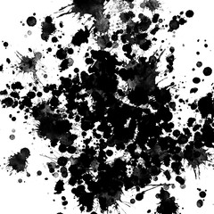  Isolated artistic black watercolor and ink splatter textures and decorative elements on white wall background.