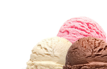 Strawberry, vanilla, chocolate different flavor ice cream scoops side view on white background