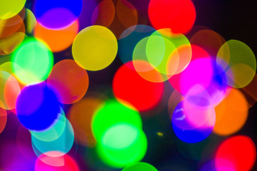 Christmas background-garlands with colorful lights on a decorated Christmas tree, bokeh
