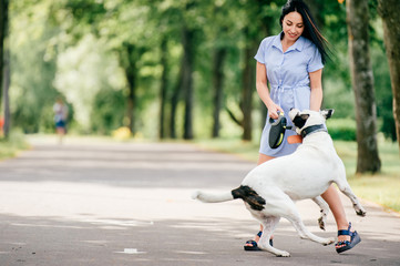 Obraz premium Happy cheerful smiling brunette girl in blue summer dress playing with big hunting dog in park. Beautiful young woman training her active funny puppy outdoor. Cute teen loves animals. Breeding pet