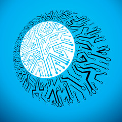 Technology communication round cybernetic element. Vector abstract illustration of circuit board.