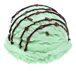 Mint Chocolate Chips Ice Cream Scoop with chocolate sauce Isolated On White Background