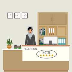 Reception interior with furniture and arabic woman receptionist employee.
