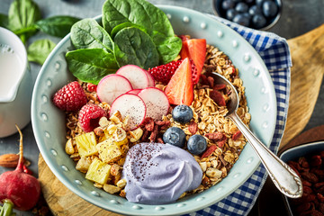 Dish of muesli with fresh berries