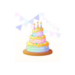 Delicious tier birthday cake with color fruit icing and burning candle, cartoon vector. Chocolate birthday cake with three tiers and burning candle.