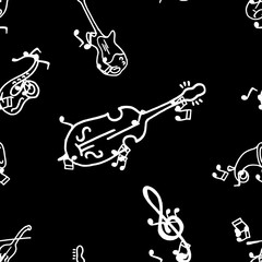 Musical notes and musical instruments seamless pattern. Vector of musical instruments seamless pattern. Hand drawn doodle musical notes.