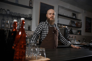 Portrait of a handsome young barista in apron sitting at the bar of the modern cafe