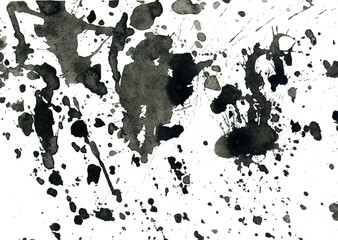 Isolated artistic black watercolor and ink splatter textures and decorative elements on white paper background.
