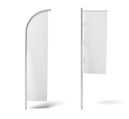 3d rendering of two monochrome white flags hanging on posts on a white background.