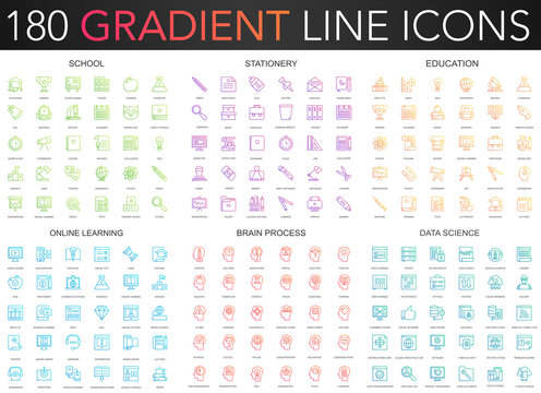 180 trendy color gradient style thin line icons set of school, stationery, education, online learning, brain process, data science.