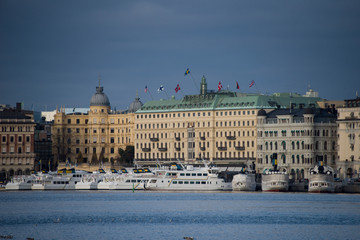 Commuting boats and Old steamboats at Blasieholmen island in stockholm