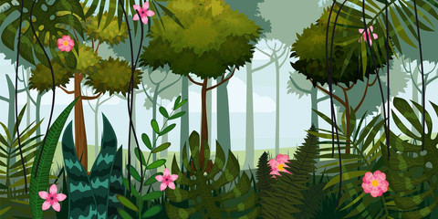 Jungle forest and flowers. Trees, leaves, flowers, parallax. Template for video and web design, apps, online games, print. Poster, baner, vector, isolated, cartoon style