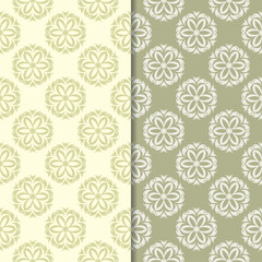 Olive green floral backgrounds. Set of seamless patterns