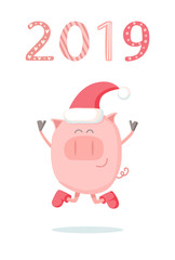 2019 cover design. Vector illustration of a cute pink piggy. Doodle flat character isolated on white background. Cartoon happy pig smiles, jumps, waves handsm and greets.