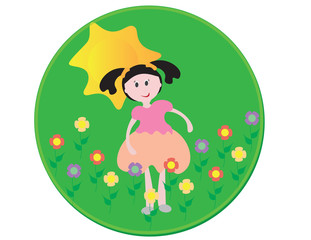 Cute girl, flowers and sun on green circle background