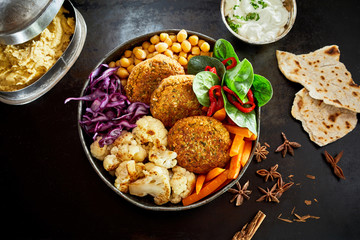Bowl of vegetables and cutlets served