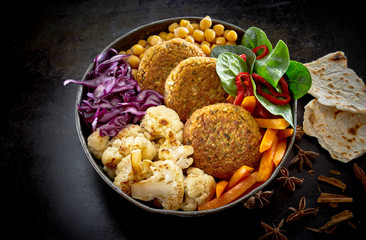 Bowl full of vegetables with cutlets