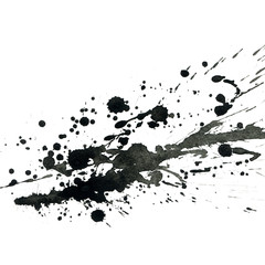 Isolated artistic black watercolor and ink splatter textures and decorative elements on white paper background.