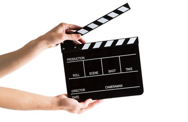 Man hands holding movie production clapper board isolated on white background