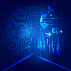 Artificial Intelligence. Future Technology of computer, virtual of robot face with digital grid
