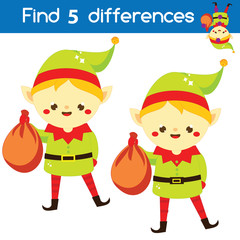 Santa's helper elf. Find the differences educational children game. Kids activity fun page. Christmas, New Year theme