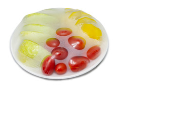 fruits which are wrapped with plastic film preservation, isolated white background copy space 