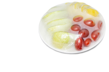 fruits which are wrapped with plastic film preservation, isolated white background copy space 