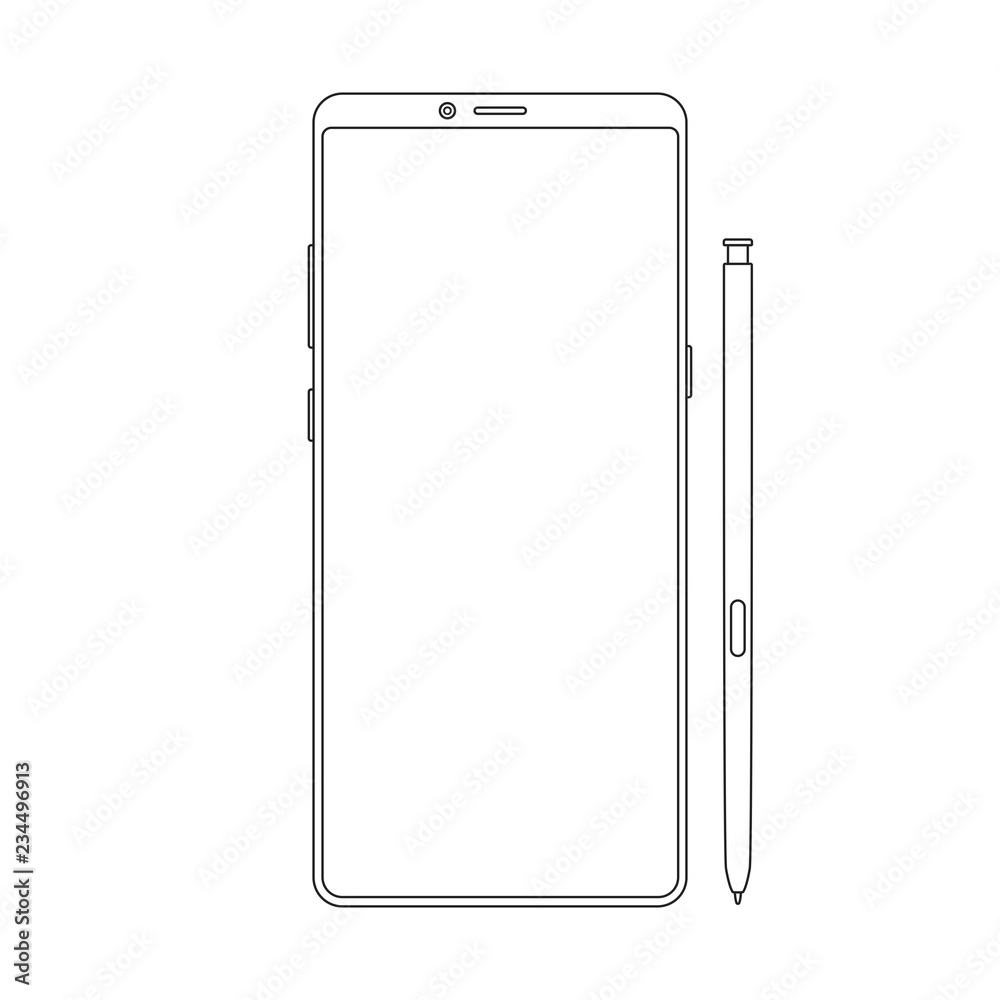 Aufkleber New version of outline modern vector note smartphone. Thin line frameless elegant display smartphone with stylus.