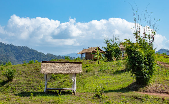 The wooden huts in the rural area on the mountain.