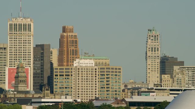 Medium Panning Shot Of Downtown Detroit Skyscrapers