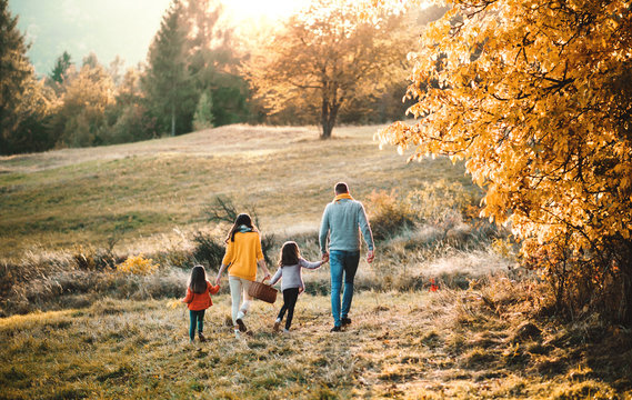 A rear view of young family with two small children walking in autumn nature.