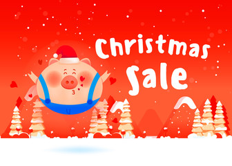 Merry Christmas card with happy pig gives a kiss on Christmas background