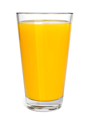 Fresh orange juice in a drinking glass, top view. Healthy fruit juice, Isolated on white background.