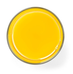 Fresh orange juice in a drinking glass, top view. Healthy fruit juice, Isolated on white background.