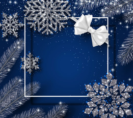 Blue Christmas and New Year square shiny card with snowflakes, fir branches and bow.