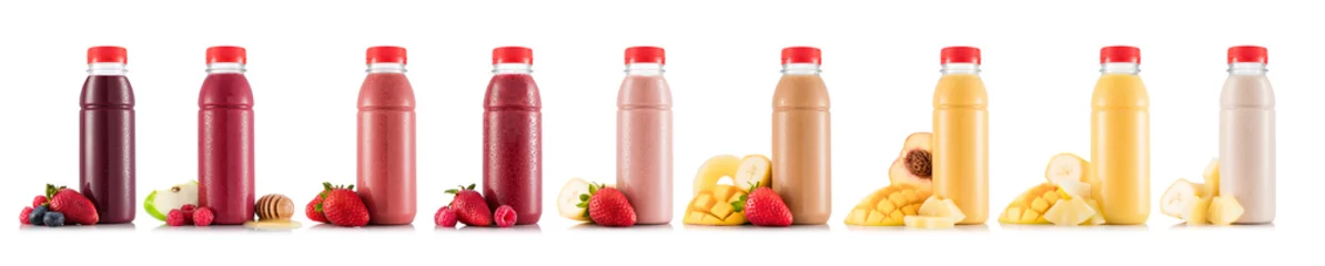 Fototapete Milchshake Nine tastes of smoothie in plastic bottle with fruit isolated on white background
