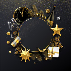 Christmas and New Year round card with Christmas decorations, gift, Champagne and clock. - 234499397