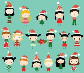 Cute vector stick figures elves in red and green Christmas clothes with Santa hats