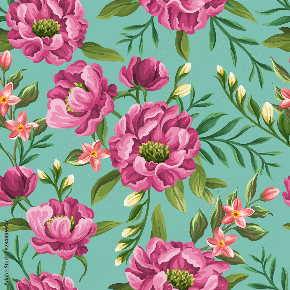 Canvas Prints seamless pattern with bright peonies