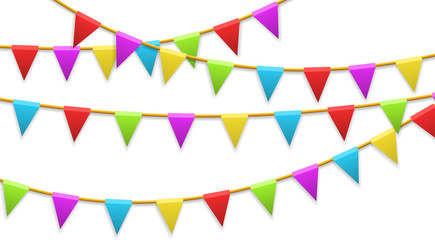 Colored garland flags isolated on white. Carnival, birthday, celebration, party, new year or festival concept. Vector illustration