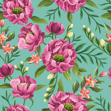 Seamless pattern with bright peonies