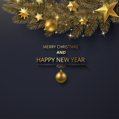 Merry Christmas and Happy New Year greeting card with fir branch.