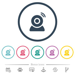 Wireless camera flat color icons in round outlines