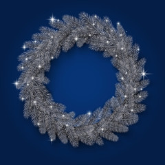 Blue Christmas and New Year card template with Christmas wreath.