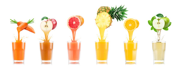 Six tastes of juice pouring in glass from fruit isolated on white background