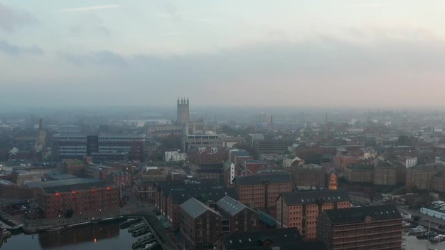 Cloudy dawn aerial view of Gloucester, UK.