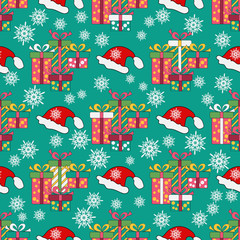 Naklejka premium Seamless pattern for Christmas packaging, textiles, holiday symbols illustration. wrapper or cover