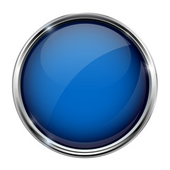 Blue glass button. Round 3d shiny icon with metal frame