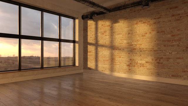 Interior empty room sunset 3D rendering